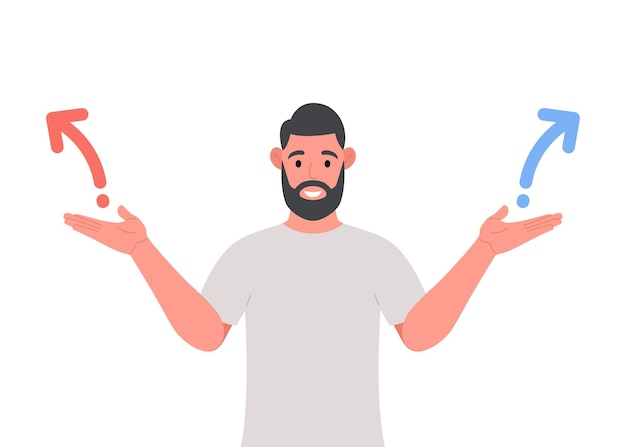 A bearded man spreading outstretched arms trying to choose right or left direction Choosing concept Vector flat design