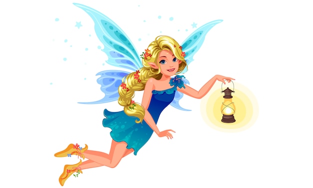 Beautiful blonde blue wing fairy holding a lantern