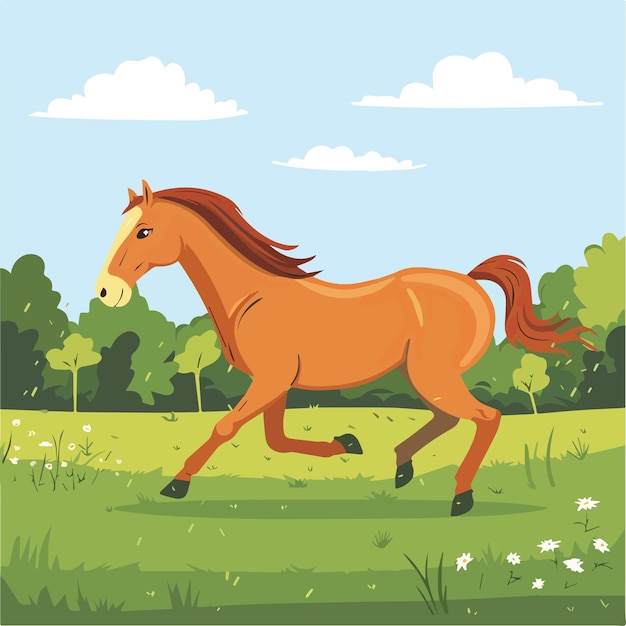 Vector beautiful brown horse running gallop through green meadow field cartoon animal illustration farm nature landscape summer spring outdoor wildlife mammal grass sky cloud domestic pasture ranch