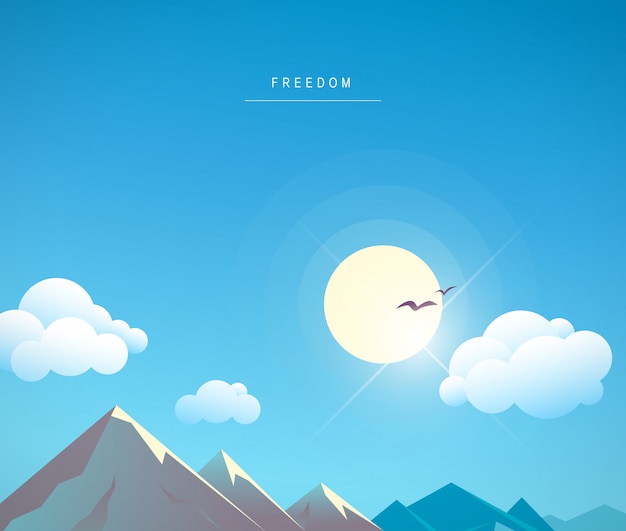 Beautiful   cartoon mountain landscape summer illustration. Shining sun in blue sky, white clouds. Flying birds, sun rays. Text place. Print , poster, placard, card, summer advertising