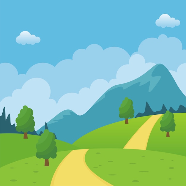 Beautiful cartoon Rural landscape with road across the hill.