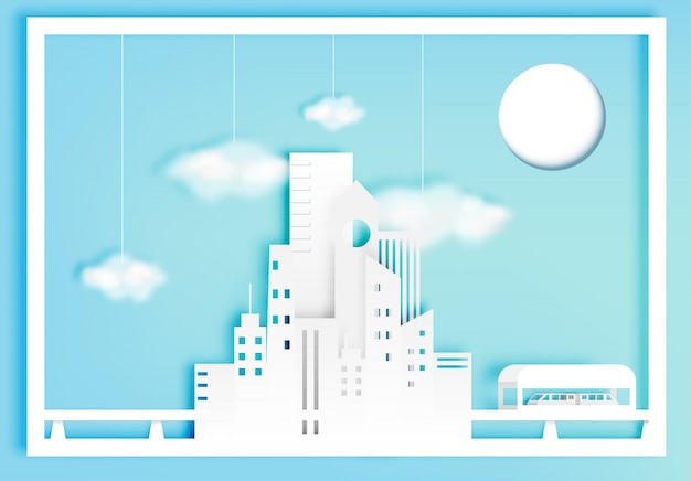 Vector beautiful cityscape paper art style with cotton cloud vector illustration