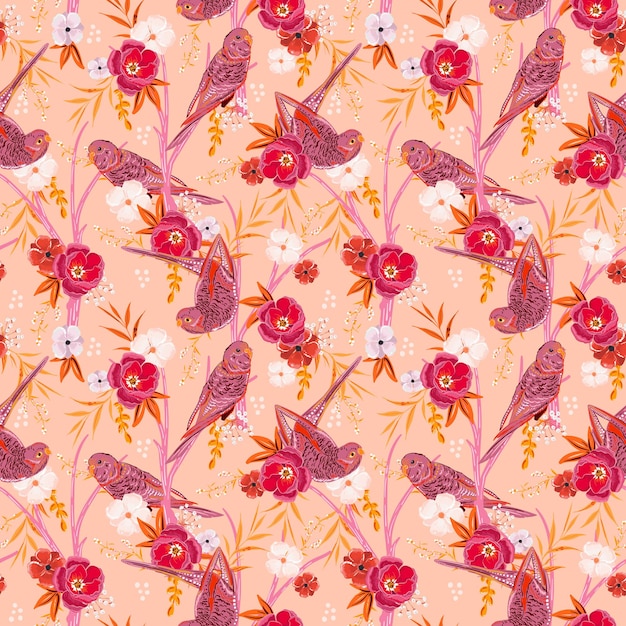 Beautiful floral print with Parrot bird in the colourful flowers exotic forest seamless pattern for fashion wallpaper