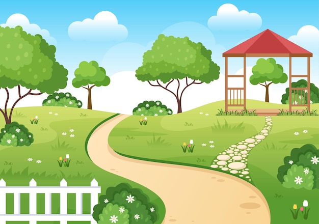 Vector beautiful garden cartoon background illustration with a landscape nature of plant and green grass