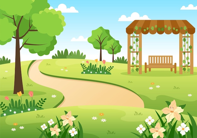 Beautiful Garden Cartoon Background Illustration With A Landscape Nature Of Plant and Green Grass