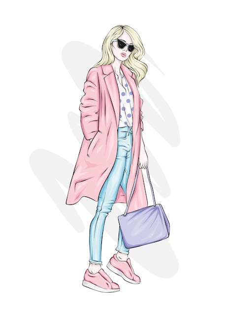 Vector beautiful girl in stylish clothes, fashion and style