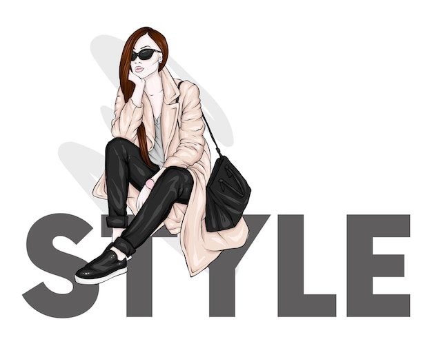 Vector beautiful girl in stylish clothes and glasses fashion and style clothing and accessories