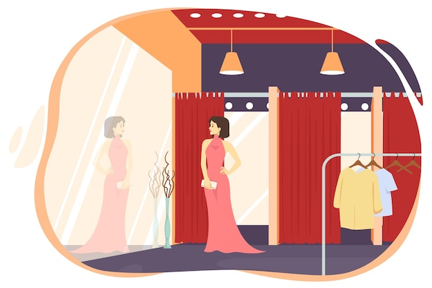 Vector beautiful girl trying on a dress in a fitting room in a clothing store flat vector illustration