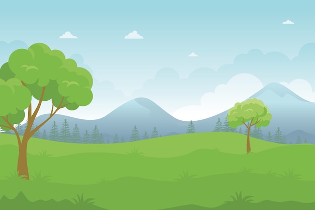 Beautiful green hill, cartoon Landscape with flat design