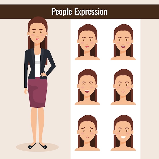 beautiful lady with set expression vector illustration design