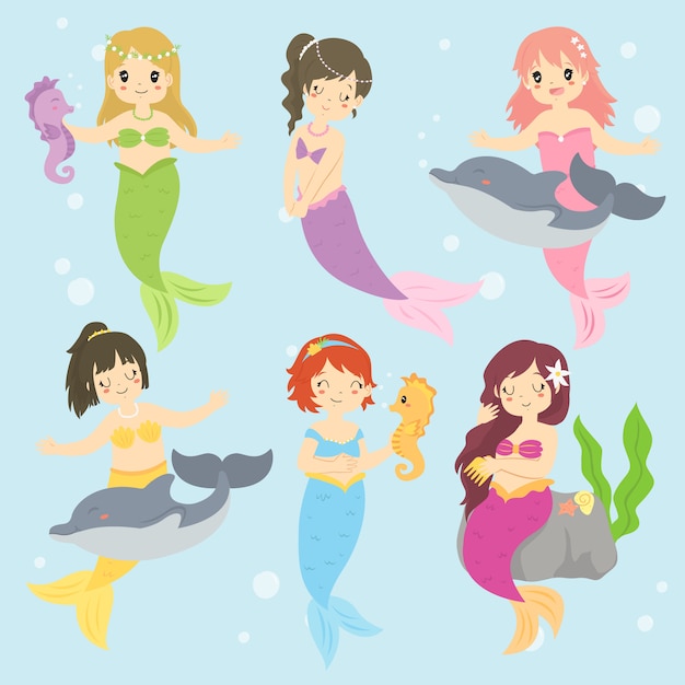 Beautiful mermaids and sea animals vector collection