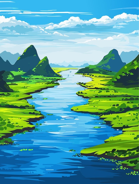 Beautiful mountain river scenery with clear blue water mountain ridge green meadow shores Vector illustration