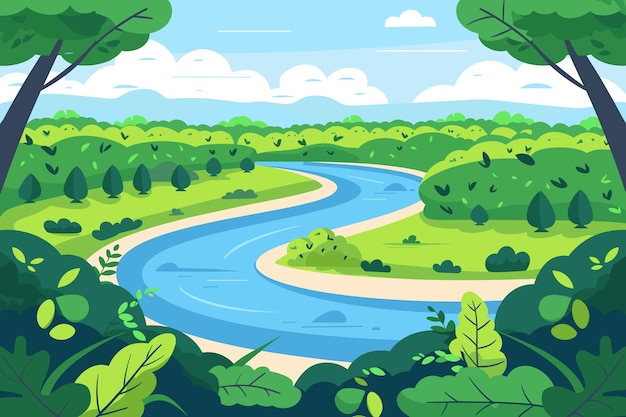 Beautiful River flowing across the vast landscape of green hills vector