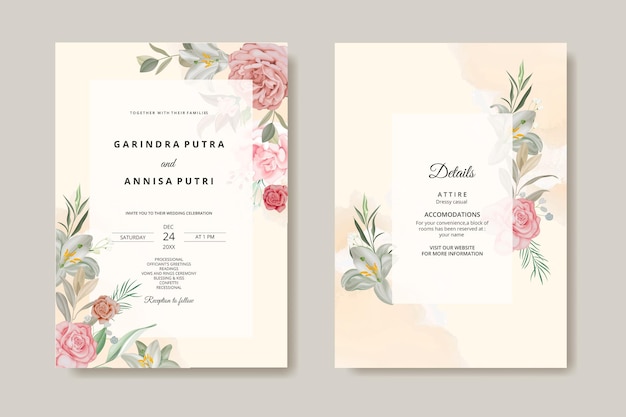 Vector beautiful roses floral frame wedding invitation card template premium vector