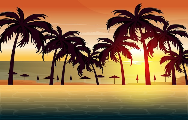 Beautiful Sunset Palm Coconut Bali Beach Vacation Landscape View Illustration