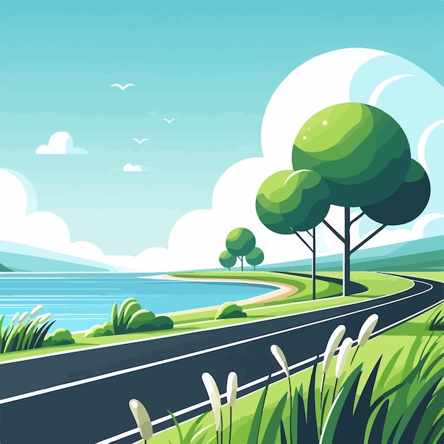 Vector beautiful village landscape nature wallpaper style vector illustration of green