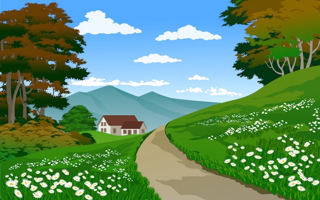 Vector beautiful village landscape with house