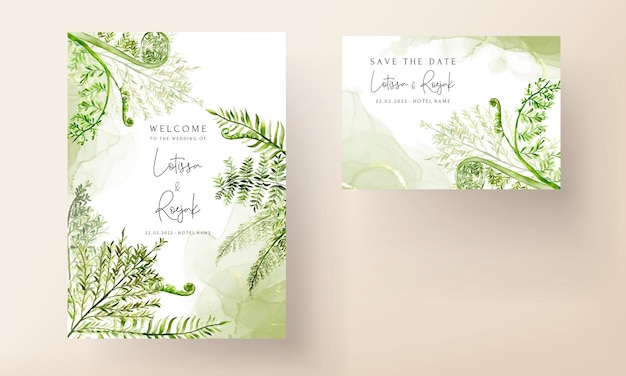 Beautiful watercolor greenery fern leaves wedding invitation card