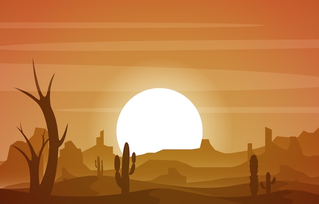 Beautiful Western Desert Landscape with Sky Rock Cliff Mountain Illustration