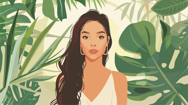 Vector beautiful woman with green tropical plant