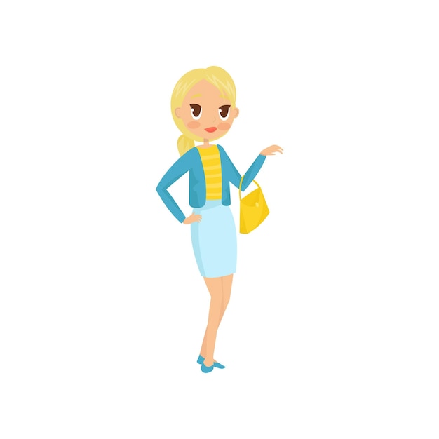 Beautiful young blond girl in stylish casual outfit blue skirt and jacket yellow blouse and handbag Flat vector design