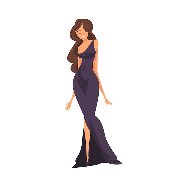 Vector beautiful young woman with long hair wearing black dress vector illustration
