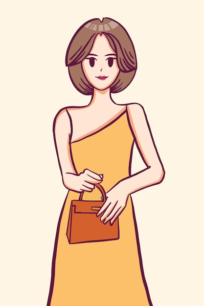 Vector beauty girl kpop star model character with bag in hand handdrawn illustration