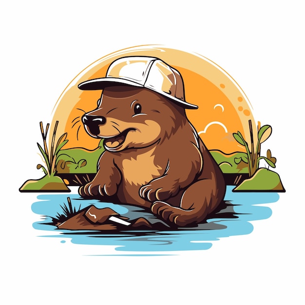 Vector beaver in a cap sits on the river bank vector illustration