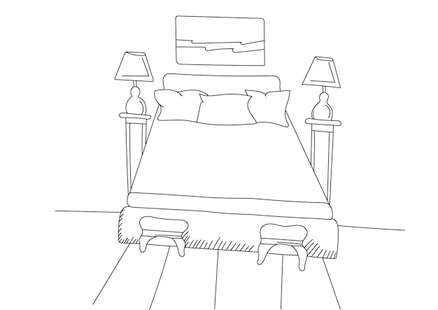 Bed room interior line art, outline sketch design illustration with furniture on white background