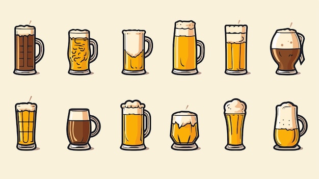 Vector beer icons set on background with beer bottle and glass