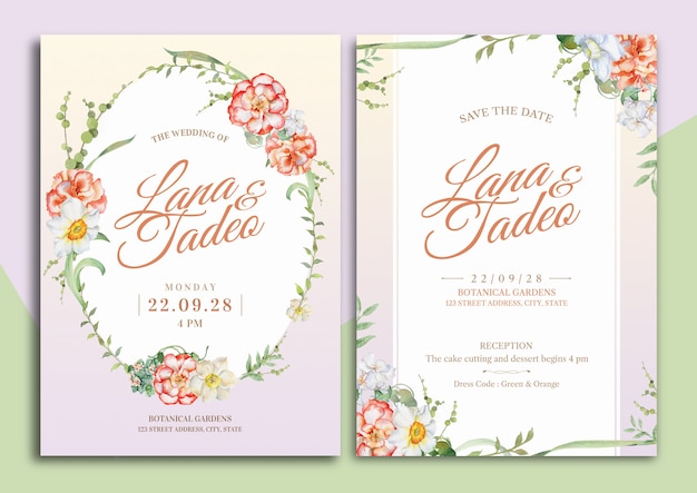 Vector begonia and daffodil floral watercolor illustration wedding invitation card with text layout