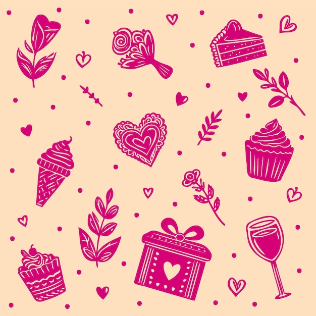 beige pink seamless pattern with hearts gifts flowers and sweets vector hand drawn onecolor stenc