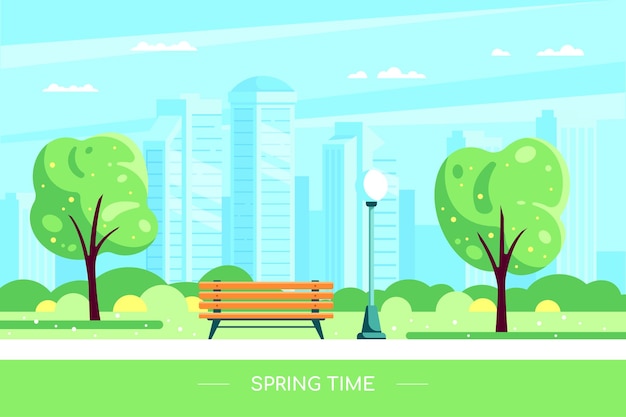 Vector bench in spring city park.illustration of spring city park with blooming tree and big city on background. hello spring concept in flat style.