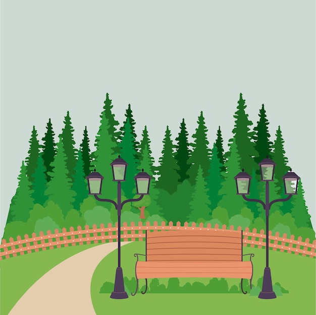 Vector bench with lamps pine trees and landscape icon