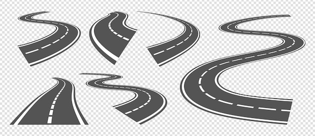 Bending roads. Driving asphalt strip road, curve highway or turn pathway. Vector set grey streets perspective. Illustration path strip, trip highway, speedway winding