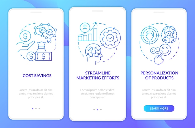 Benefits of AI in marketing blue gradient onboarding mobile app screen