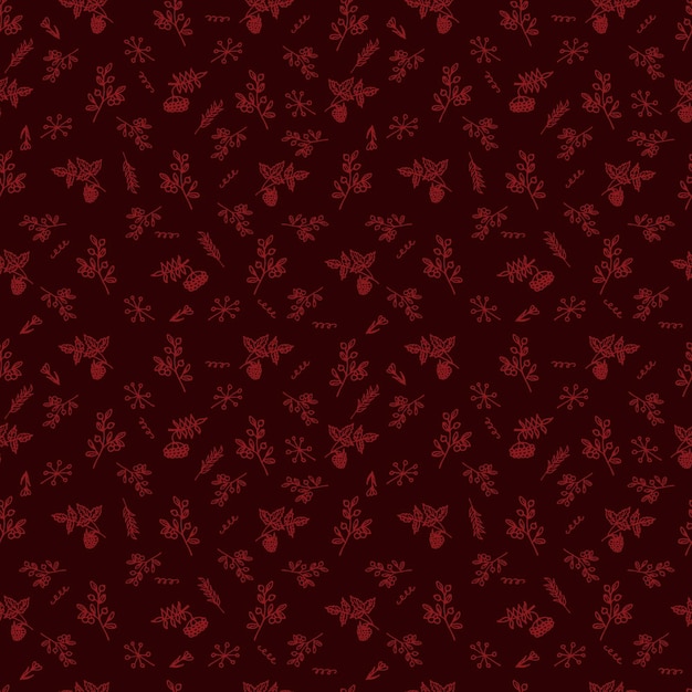 Berries and twigs on a burgundy background Hand drawn seamless patteFor textiles Vector illustration