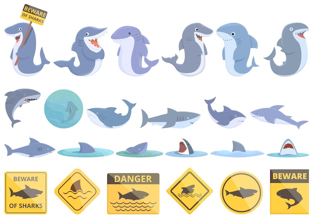 Beware the sharks icons set cartoon vector Animal angry