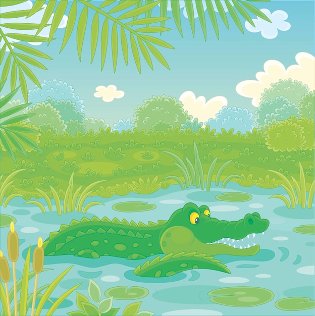 Vector big green crocodile swimming in blue water of a lake under palm branches in tropical jungle