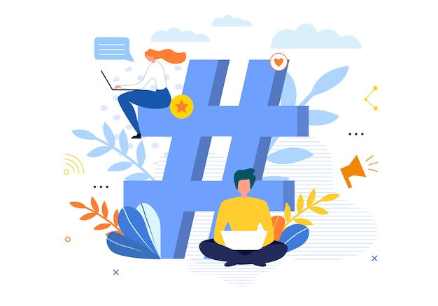 Vector big hashtag symbol with people chatting on laptop