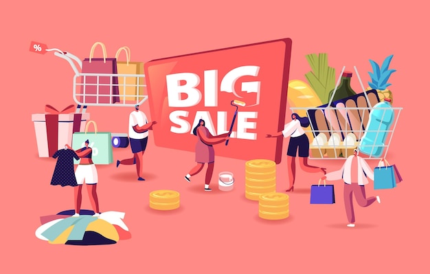 Vector big sale concept. characters shopping at seasonal discount. cheerful shopaholic people with trolley full of purchases and grocery. happy men and women with packages. cartoon people vector illustration