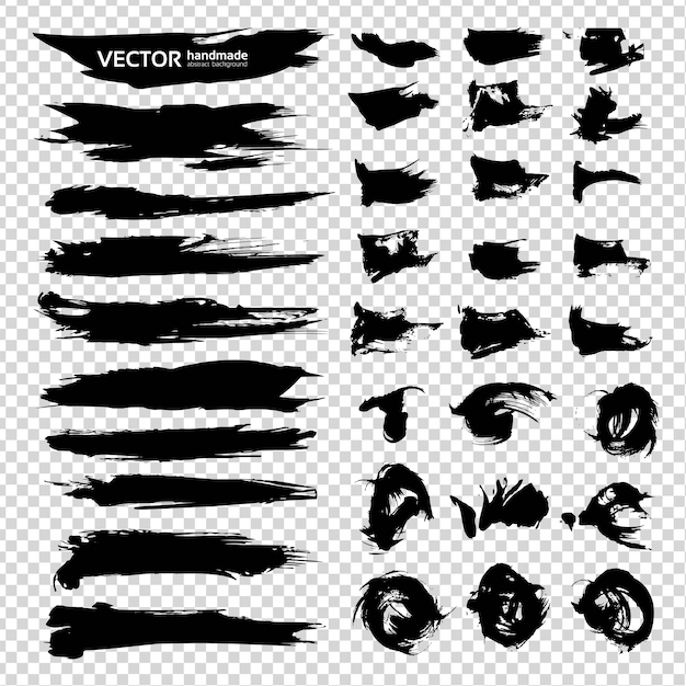 Vector big set of black textured smooth and curly strokes isolated on imitation transparent background