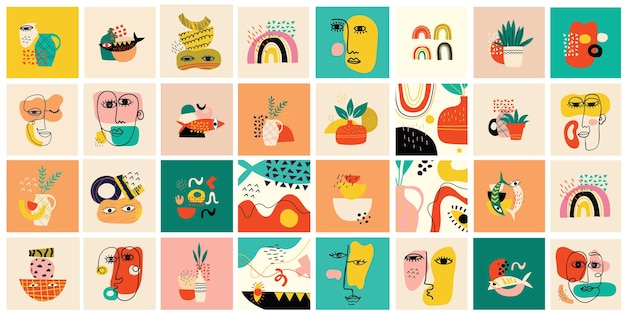 Vector big set of different colored vector illustartion posters in cartoon flat design. hand drawn abstract shapes, faces, different texture, funny cute comic characters.