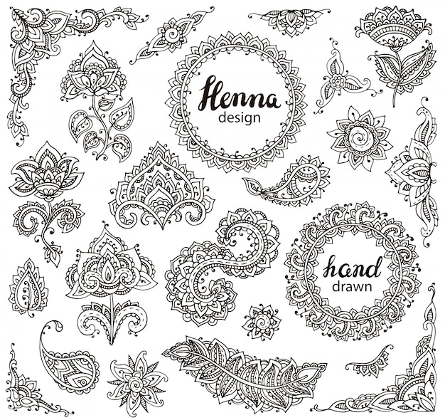 Vector big set of henna floral elements and frames