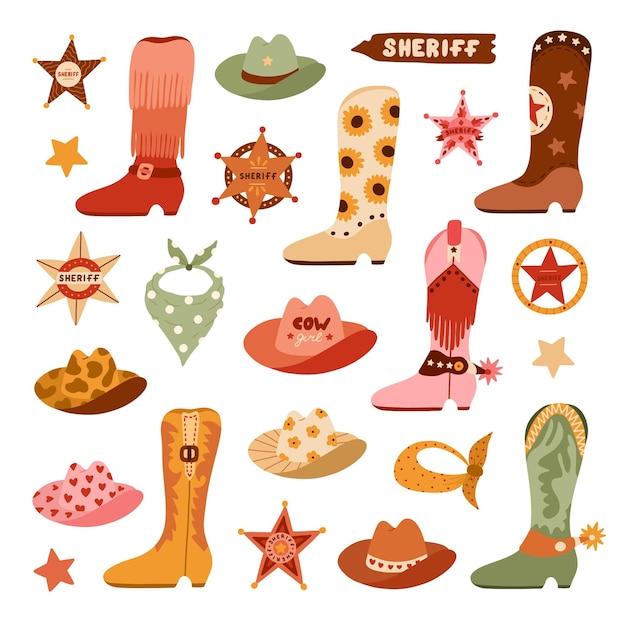 Big Wild West and cowboy set in trendy flat style Hand drawn simple vector illustration with western boots hat snake cactus bull skull sheriff badge star Cowboy theme with symbols of Texas