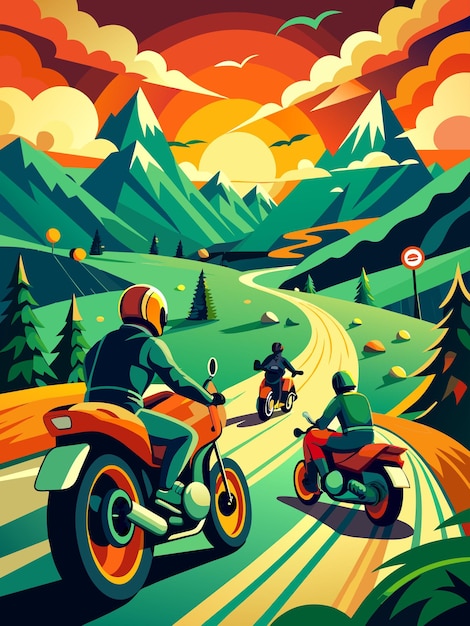 Vector bikers are riding on a road with mountains and trees in the background