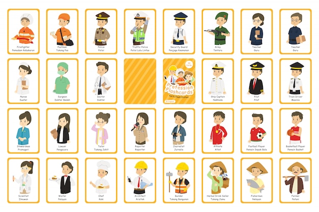 Vector bilingual indonesian profession flashcards set