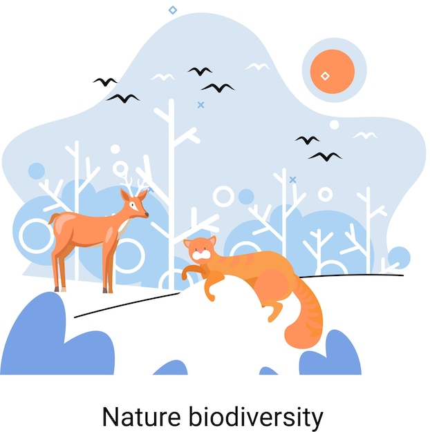 Vector biodiversity in nature as environment variety of life on earth planet saving wildlife ecosystem concept protection and care of flora and fauna eco friendly human activity many biological species