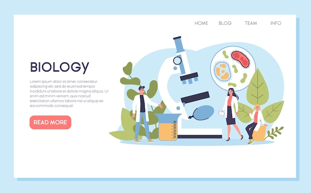 Biology science web banner or landing page. People with microscope make laboratory analysis. Idea of education and experiment.   