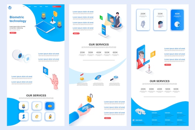 Vector biometric technology isometric website template landing page middle content and footer